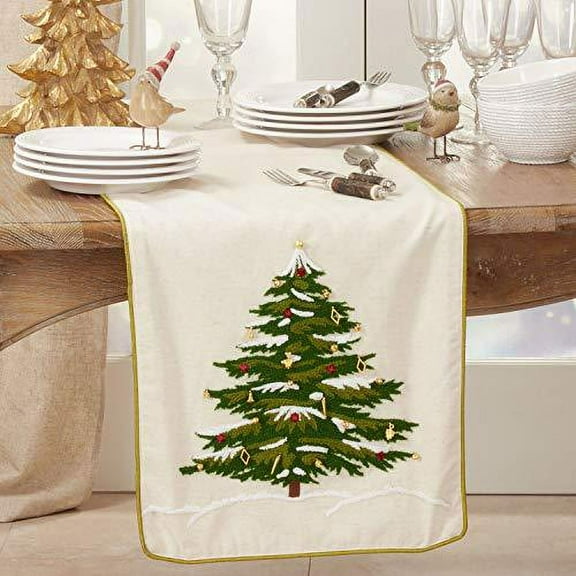 Fennco Styles Embroidered Christmas Tree Cotton Table Runner 16" W x 72" L - Natural Festive Table Cover for Home Décor, Dining Table, Banquet, Holiday, Christmas and Special Oc