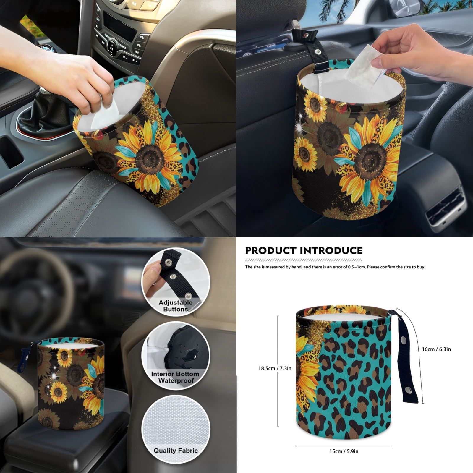 Jeiento Sunflower Car Seat Covers Front Rear Full Set Steering Wheel Cover Seat Belt Pads Coasters Waste Bin Leopard Print Armrest Cover Cup Holders Rearview Mirror Cover Handbrake Cover Set, 14 PCS
