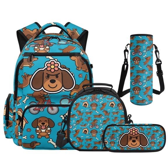 Yspwyqan Blue Dachshund Dog Backpack Set 4Pcs with Lunch Box Pencil Case Water Bottle, Multi-Pocket Lightweight Bookbag for Elementary Middle School Travel