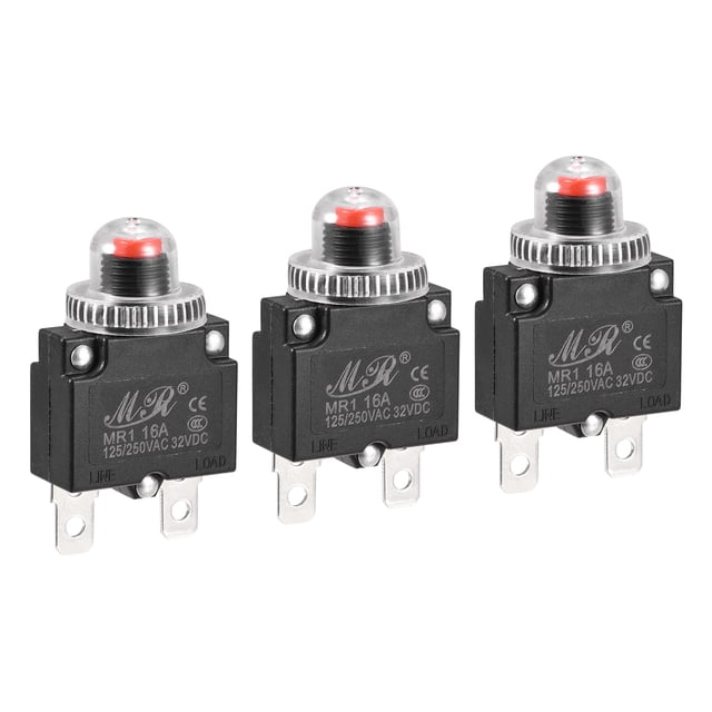 Unique Bargains Circuit Overload Protector 16A AC125/250V DC32V Push Button Thermal Circuit Breaker with Waterproof Caps 3pcs