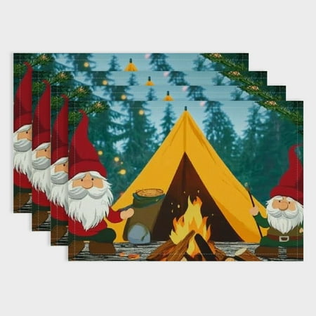 

Pratyus Gnomes Tent Campfire Linen Placemat for Birthday Parties Christmas Restaurants - Set of 4 Hard Paper Placemats - Heat Resistant & Easy to Clean - Home Decoration 18x12in
