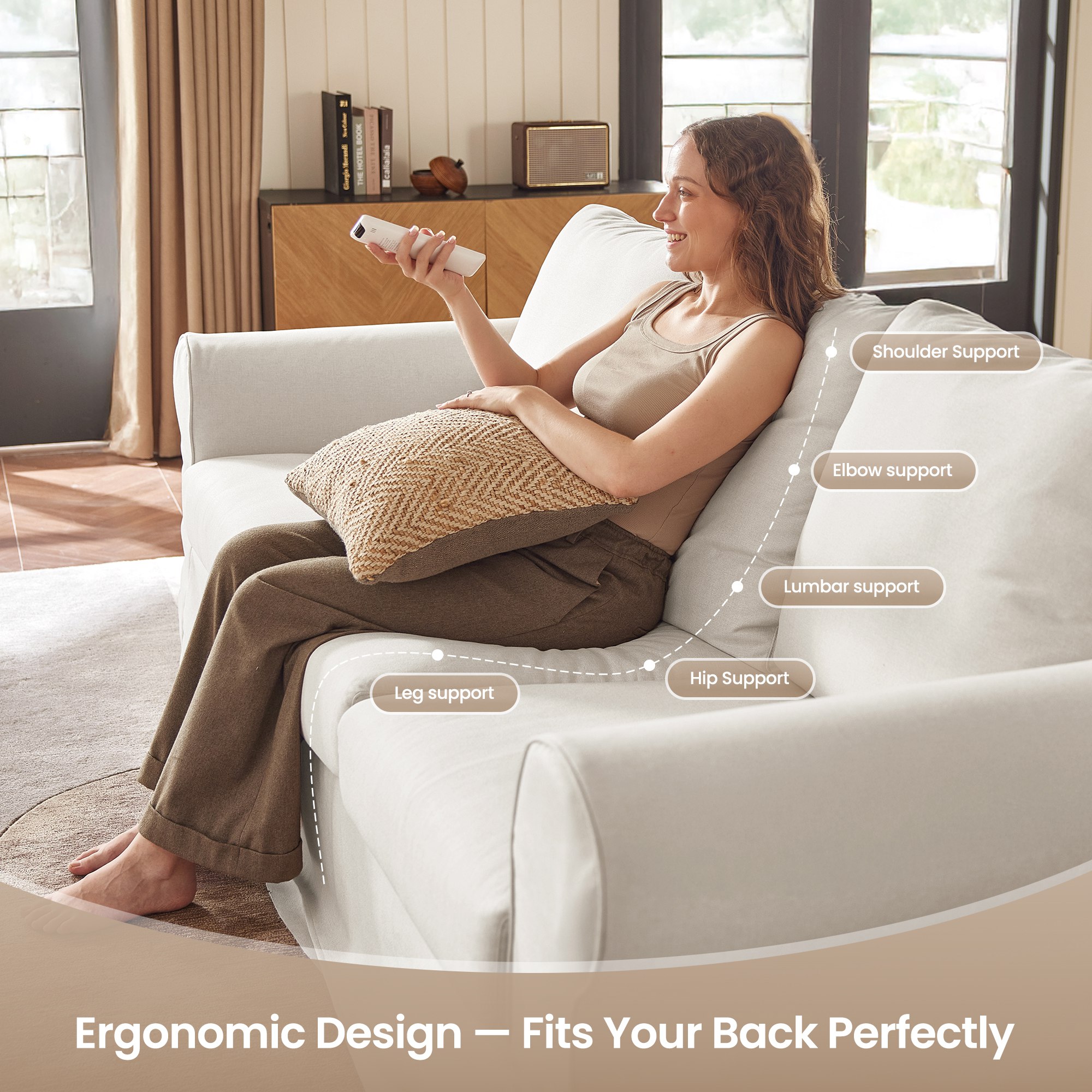 Vorthio 89" 3-Seater Couch for Living Room, Contemporary Fabric Sofa with Rolled Arm, White