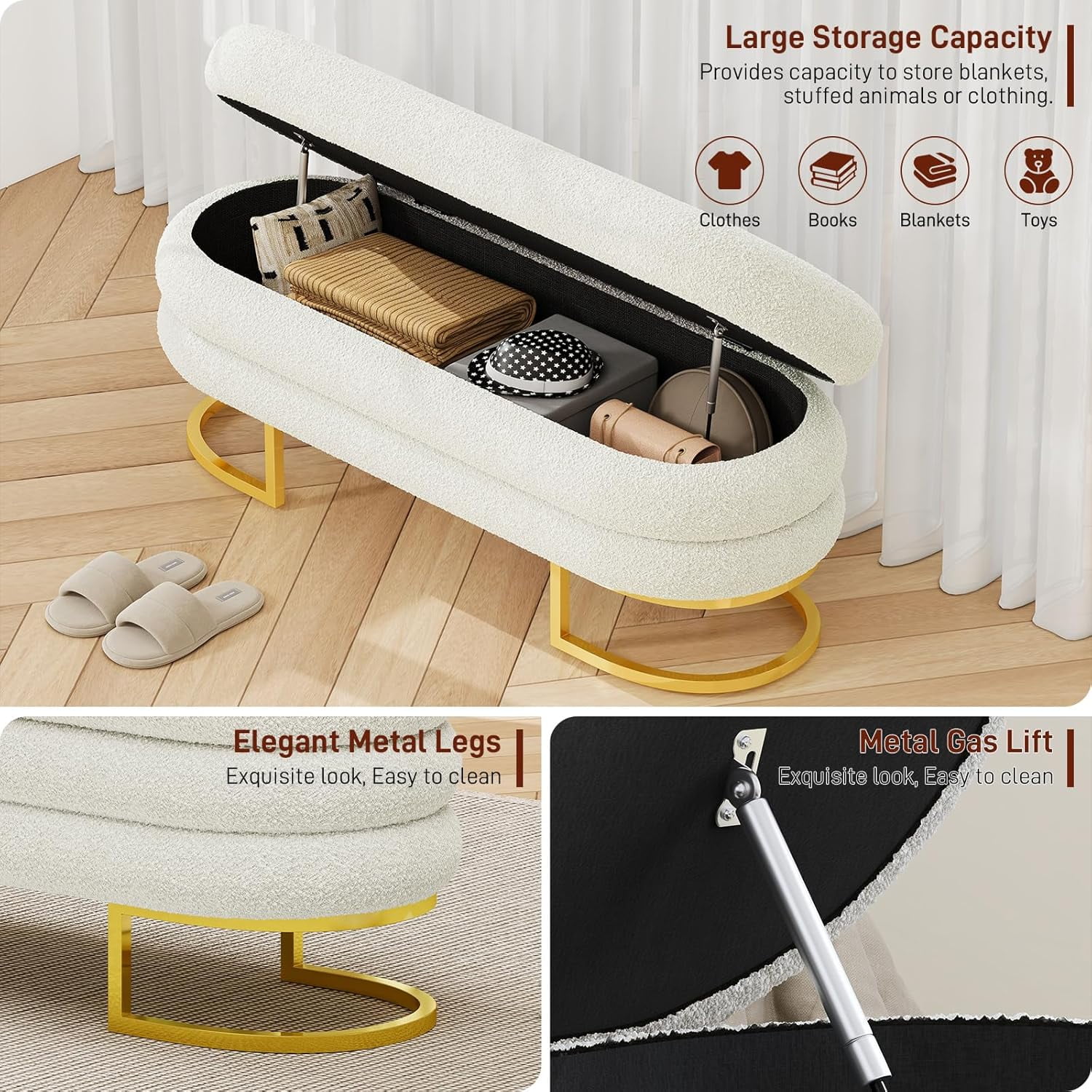Vabches Large Storage Ottoman Bench with Golden Metal Leg, 48.8" Linen Upholstered Storage Bench for Living Room, Bedroom, Entryway, Beige
