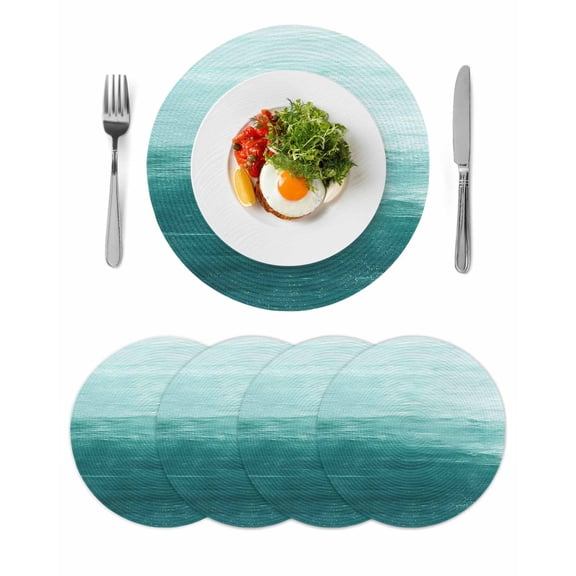 Turquoise Ombre Round 13 Inch Placemats Set of 4, Modern Abstract Art Ocean Oil Painting HeatResistant Non Slip Place Mats for Dining Table, Wipeable Braided Kitchen Table Mats for Housewarming