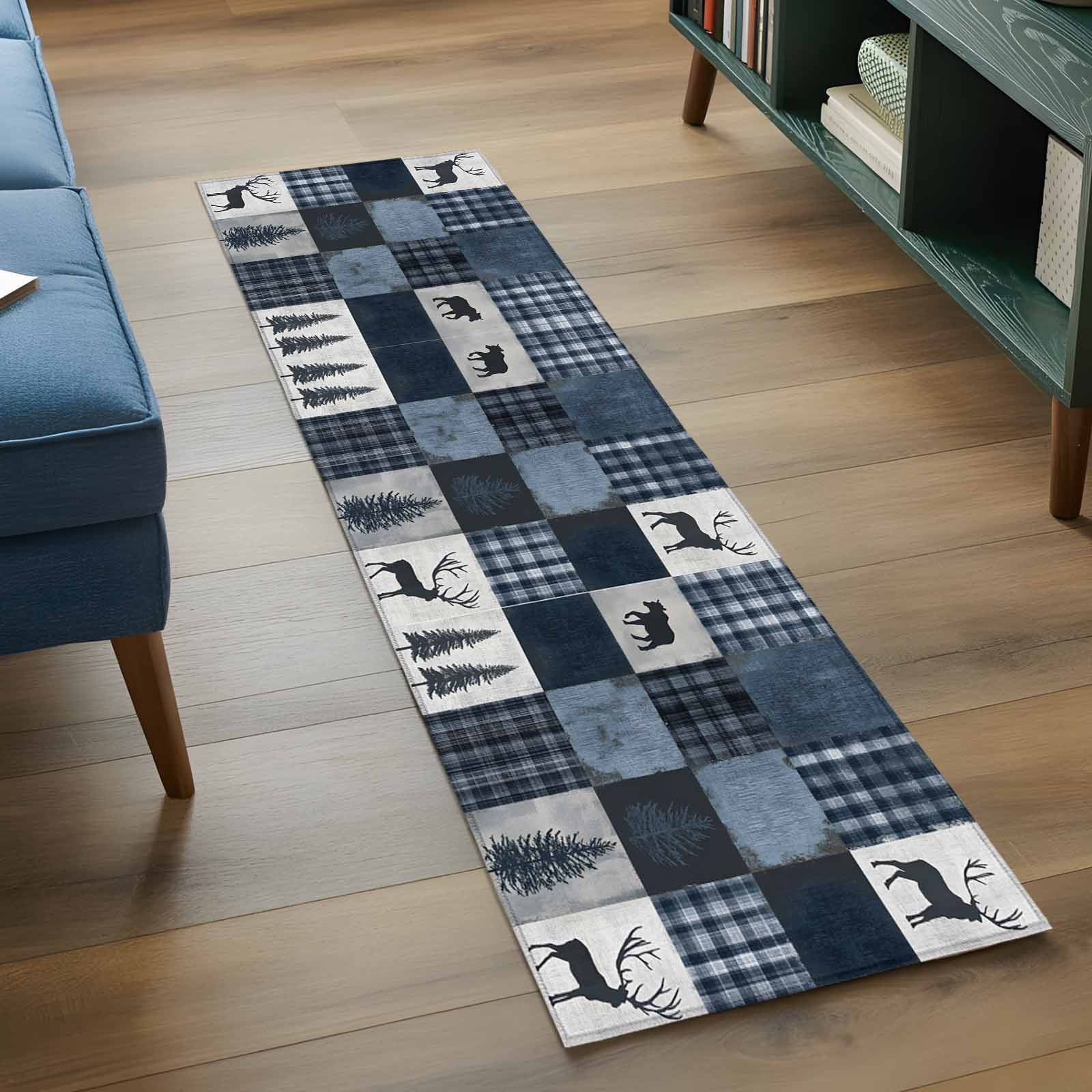 Navy Blue Plaid Runner Rug 2x6 FT, Non Slip Hallway Rugs, Vintage Farmhouse Animals Tree Washable Soft Floor Carpet Non-Shedding Throw Runner Carpet Long Rug for Entryway Kitchen Bedside Sliding Door