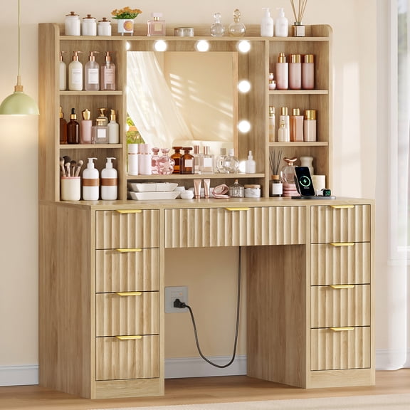 Makeup Vanity Set with Mirror, Vanity Desk with 11 Drawers and Charging Station, Vanity Desk for Girls, for Bedroom, Natural