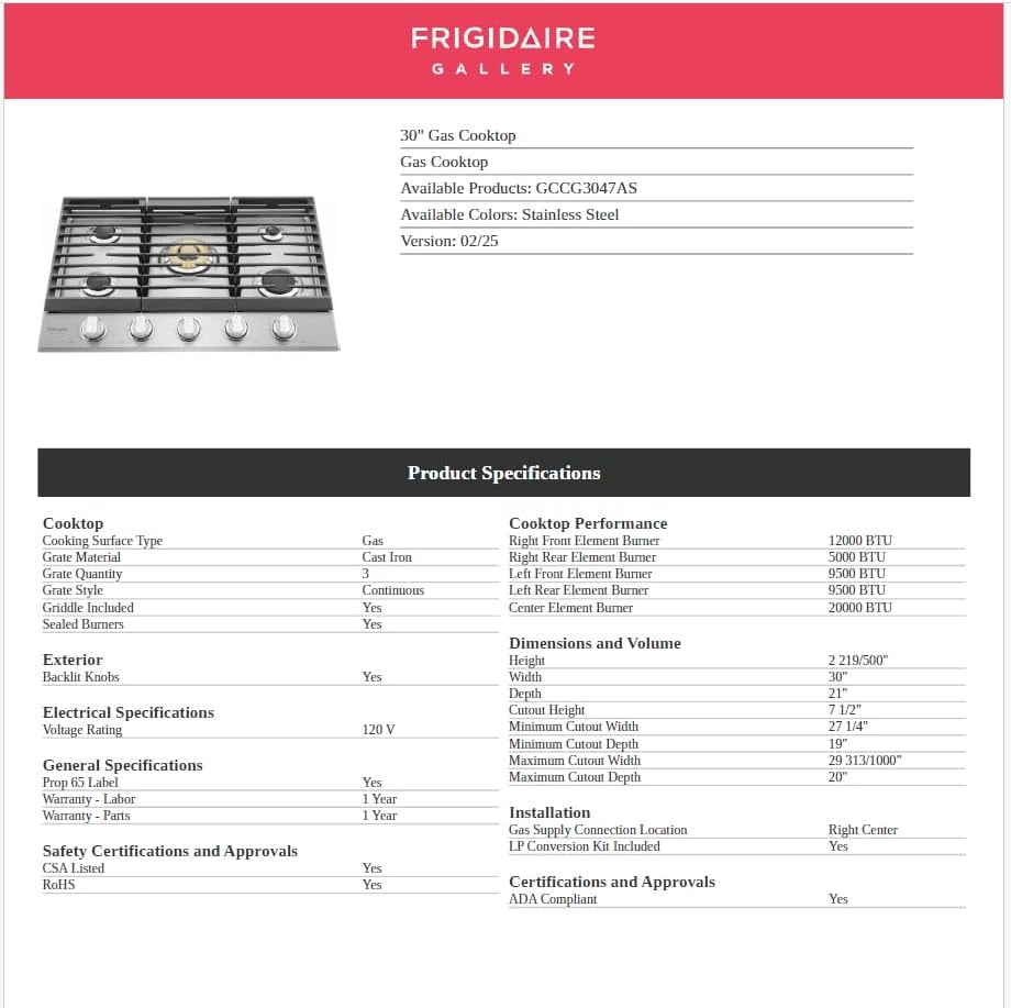 Frigidaire GCCG3047AS Gallery 30" Gas Cooktop