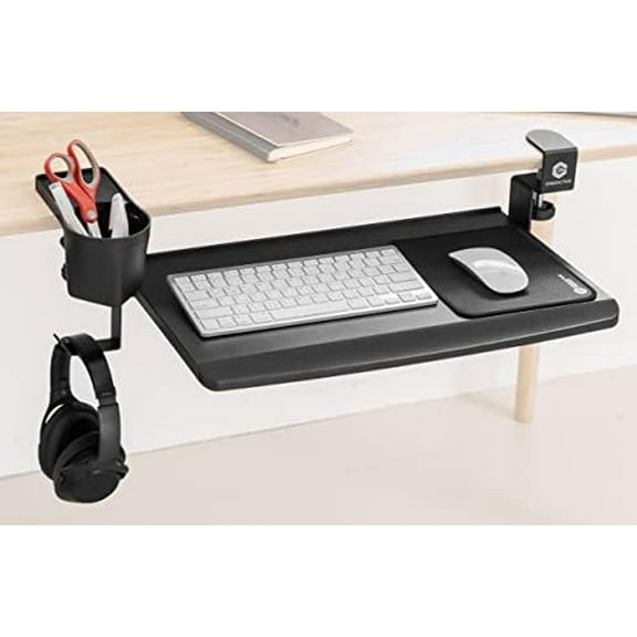 Small Size Keyboard Tray with Multi-Function Cup Holder, Clamp On Easy Installation, Desk Organizer (Small Tray) (with Cup Holder)$$Office