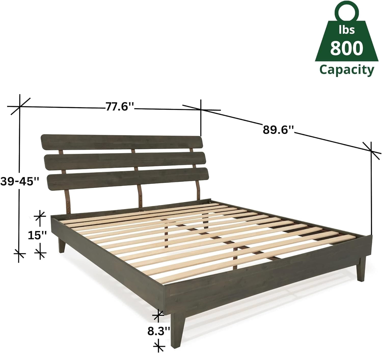 Dalen 45" King Bed Frame, Adjustable Headboard, Mid-Century, Solid Wood, Mocha