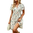 thumbnail image 6 of Women Chiffon Summer Dress V-Neck Short Sleeve Floral Dress Vintage Ruched Flowy A-Line Boho Casual Sundress, 6 of 10