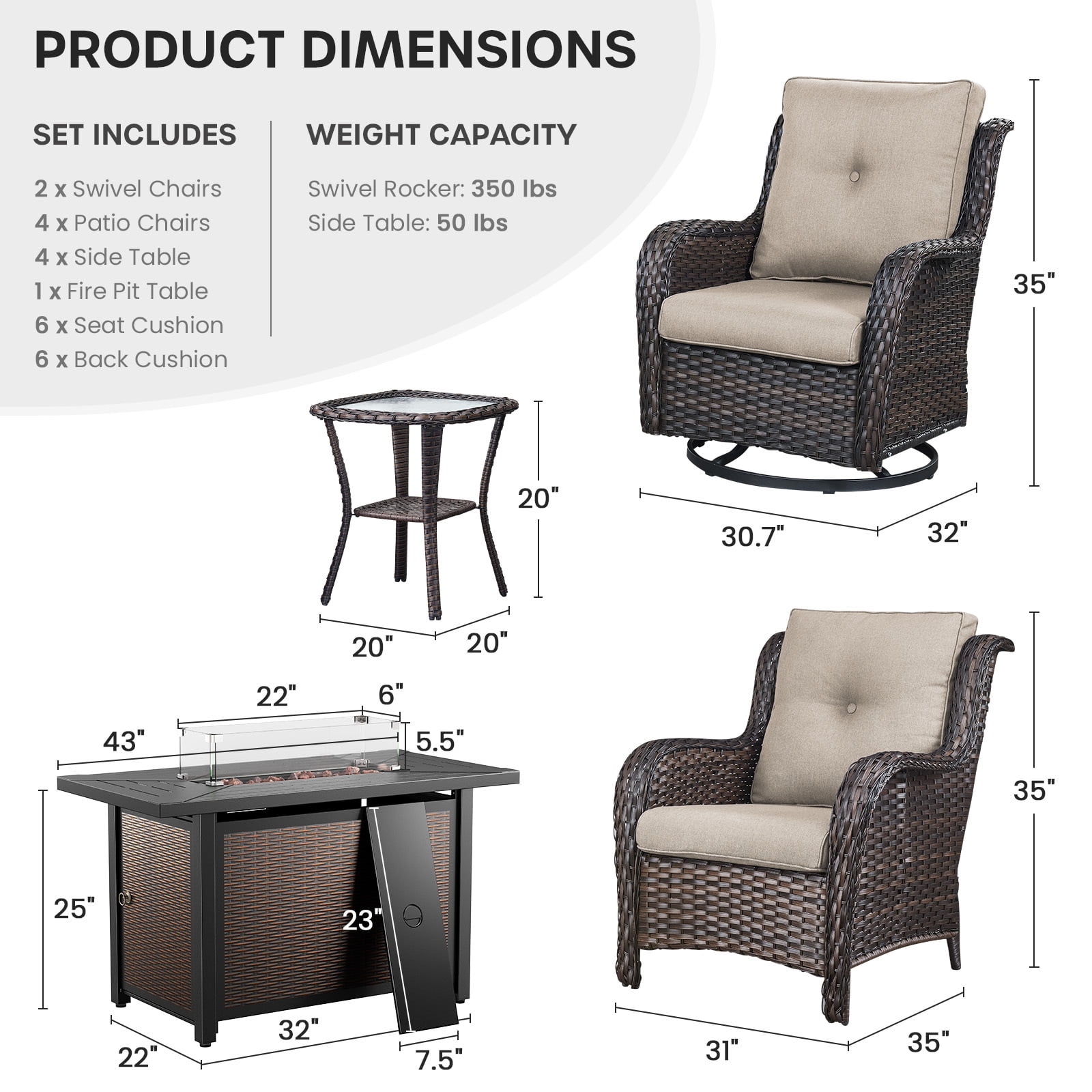 Bellefurn 11 Pieces Patio Furniture Sets with Fire Pit and Swivel Rocker Chairs,Outdoor Furniture with Fire Pit and Side Table Outdoor Conversation Set for Porch Deck Backyard Poolside