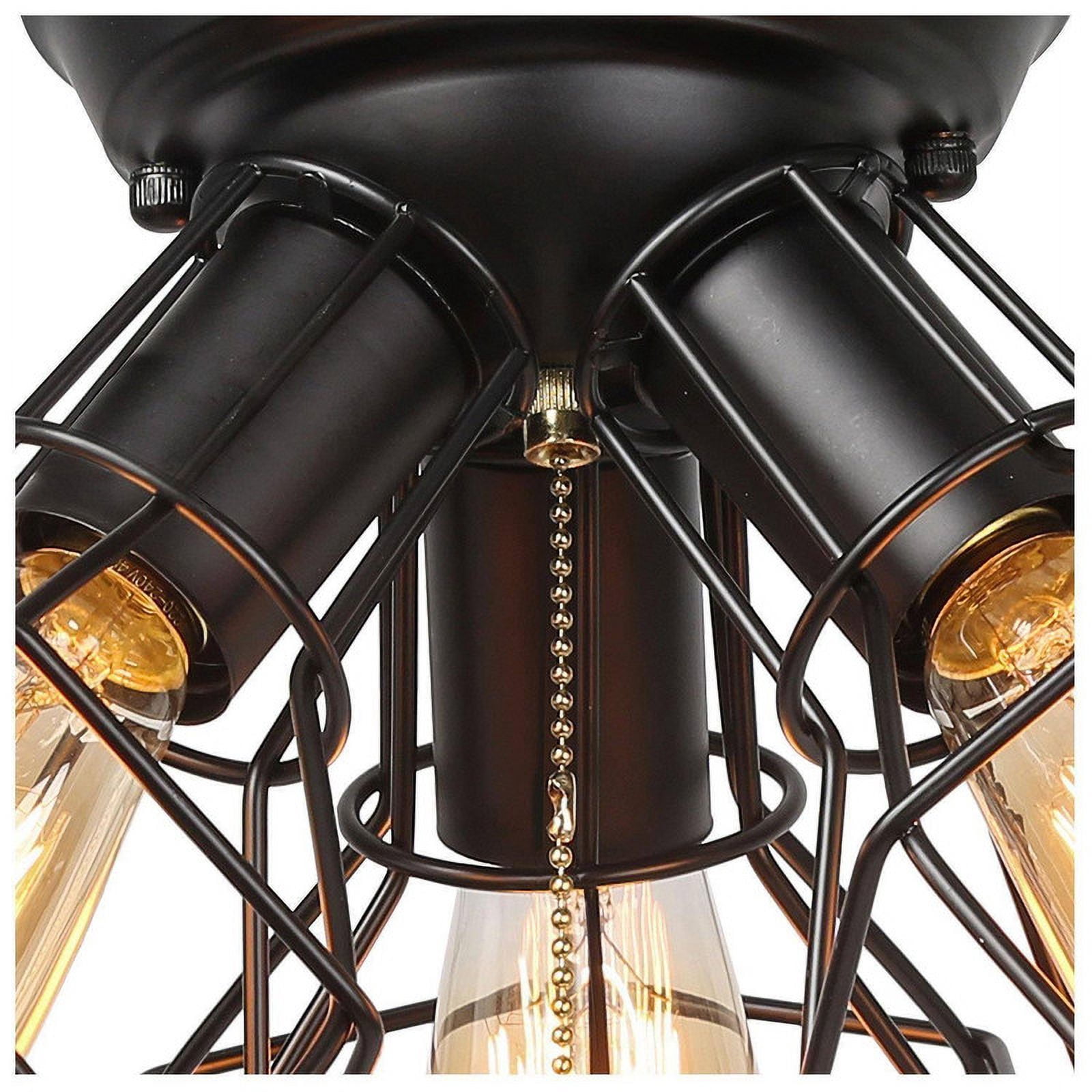 LNC Industrial Flush Mount Ceiling Light, 15" Black 3-Light Fixture with Cage & Pull Chain