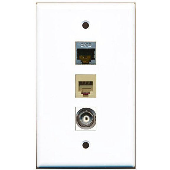 RiteAV - 1 Port Phone RJ11 RJ12 Beige and 1 Port Shielded Cat6 Ethernet and 1 Port BNC Wall Plate