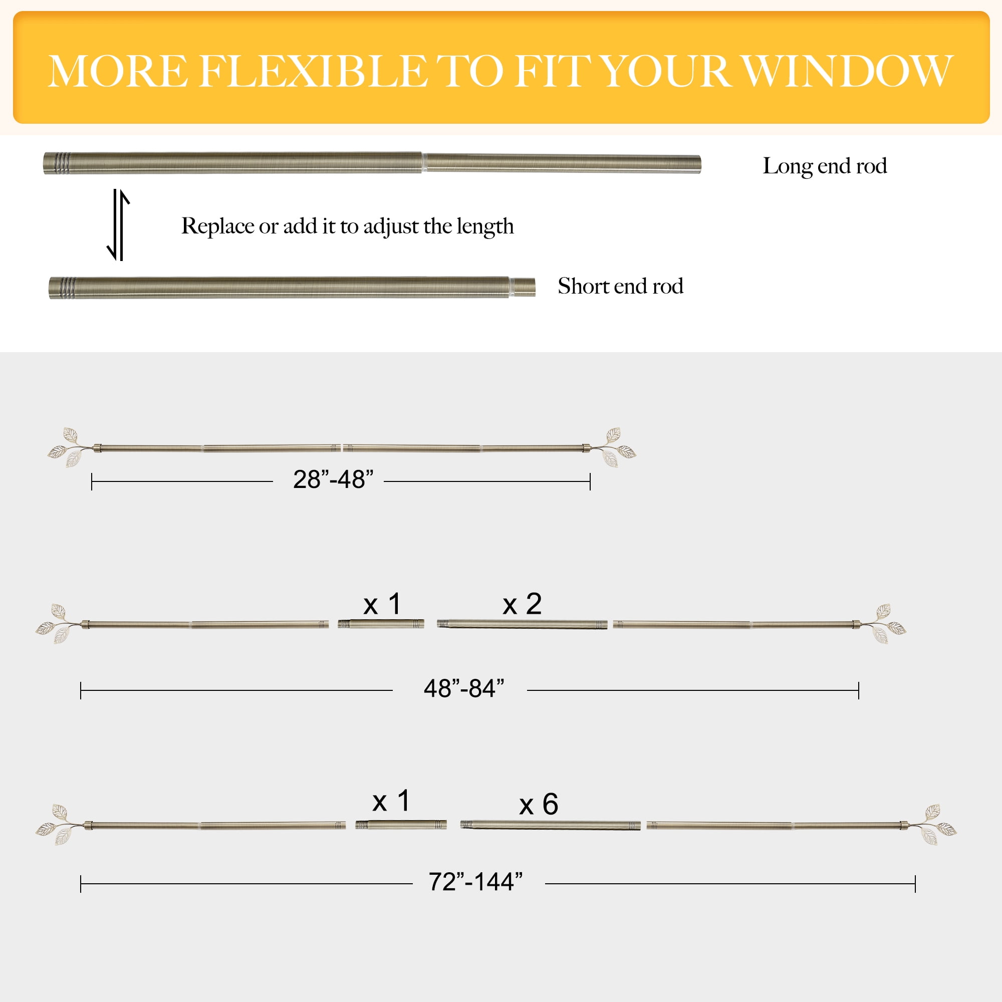 NICETOWN Brass Curtain Rod for Windows 28 to 48 inch, Adjustable Standard 1 inch Diameter Farmhouse Single Curtain Rod Set with Leaf Finials, Antique Brass