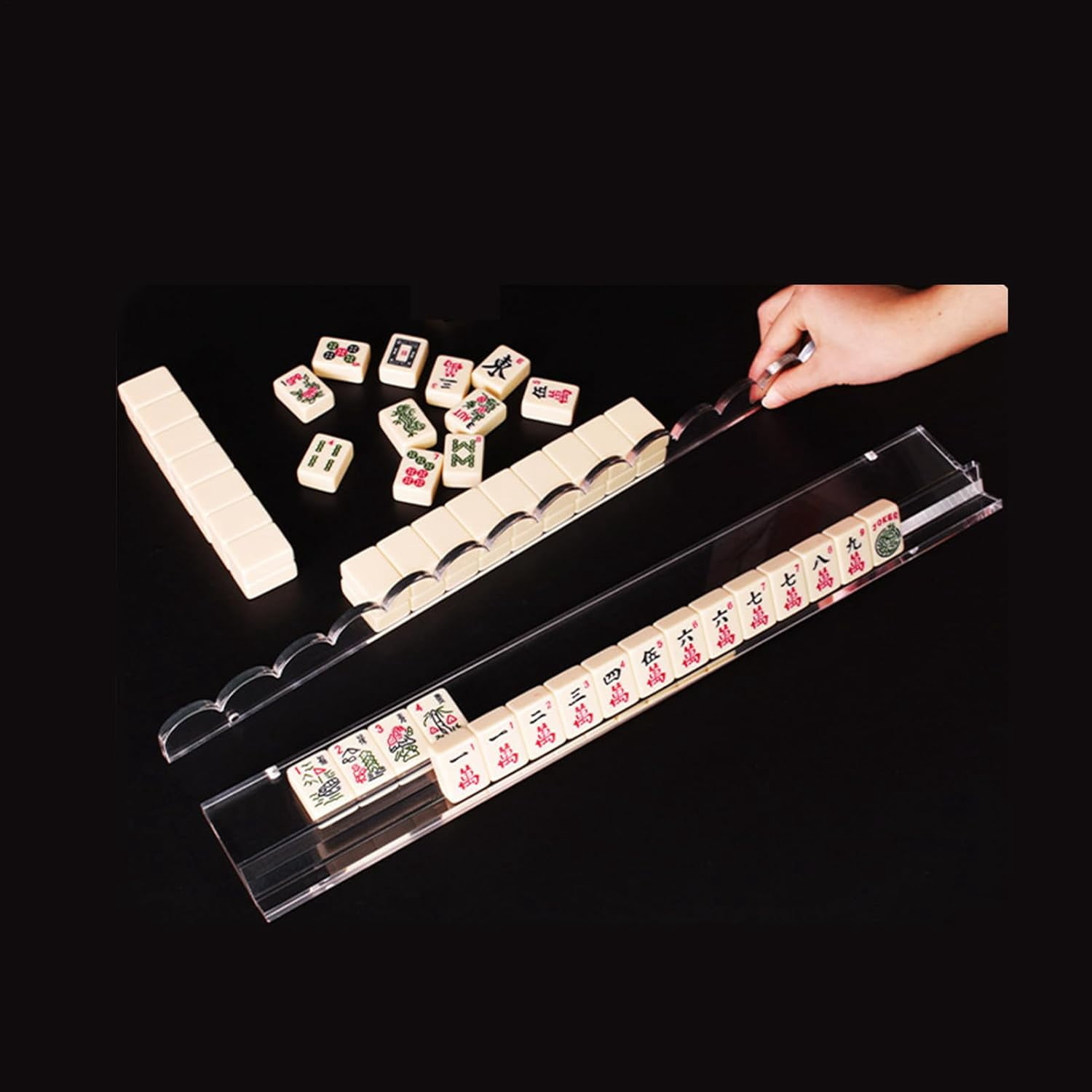Scalloped Mahjong Racks 20-Inch Clear Acrylic Mahjong Rack with Magnetic Pusher, Durable Tile Holder for Home, Travel, and Game Room Setup