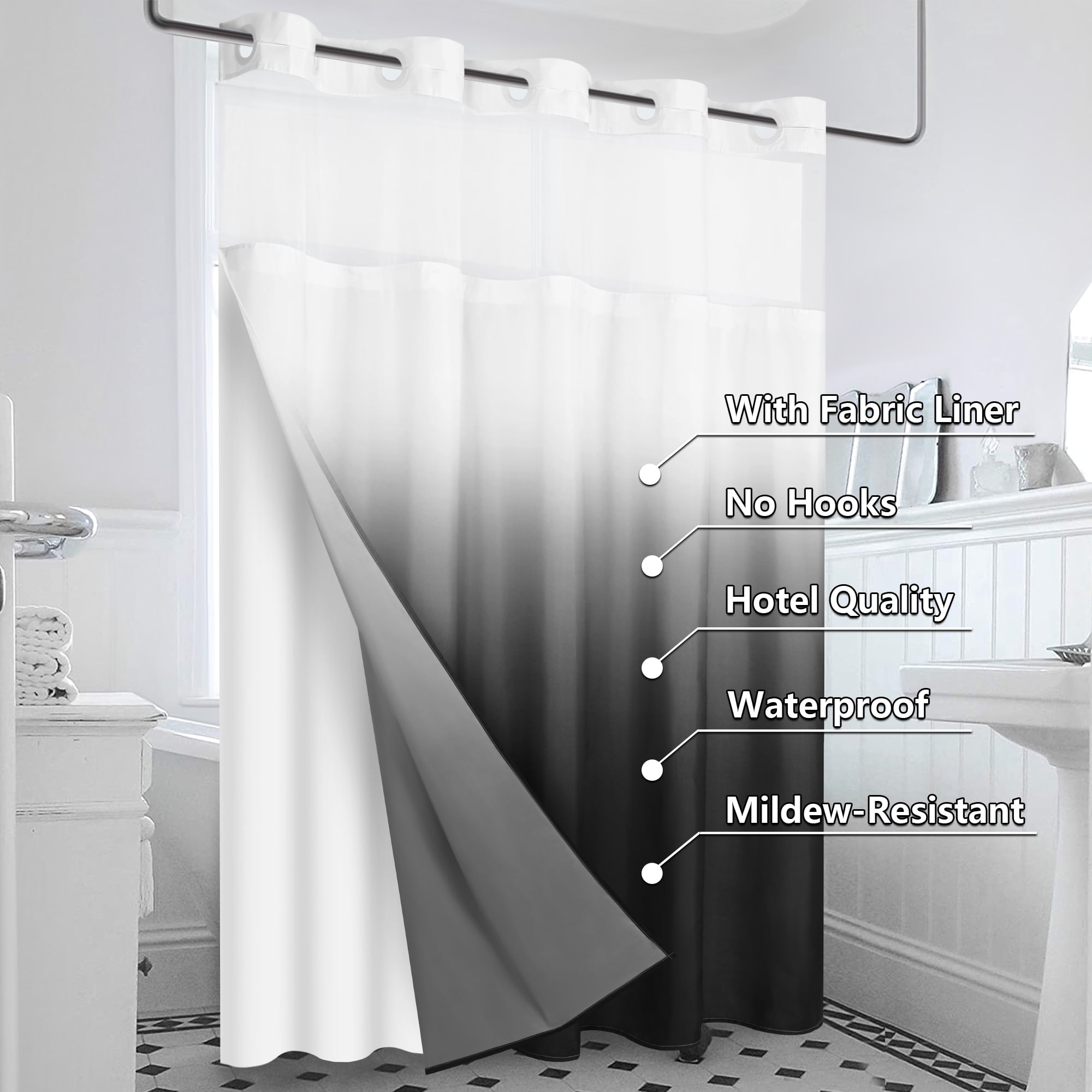 Ikfashoni No Hook Shower Curtain with Snap in Liner, Black Ombre Hookless Waterproof Bath Curtain, 71"X74"