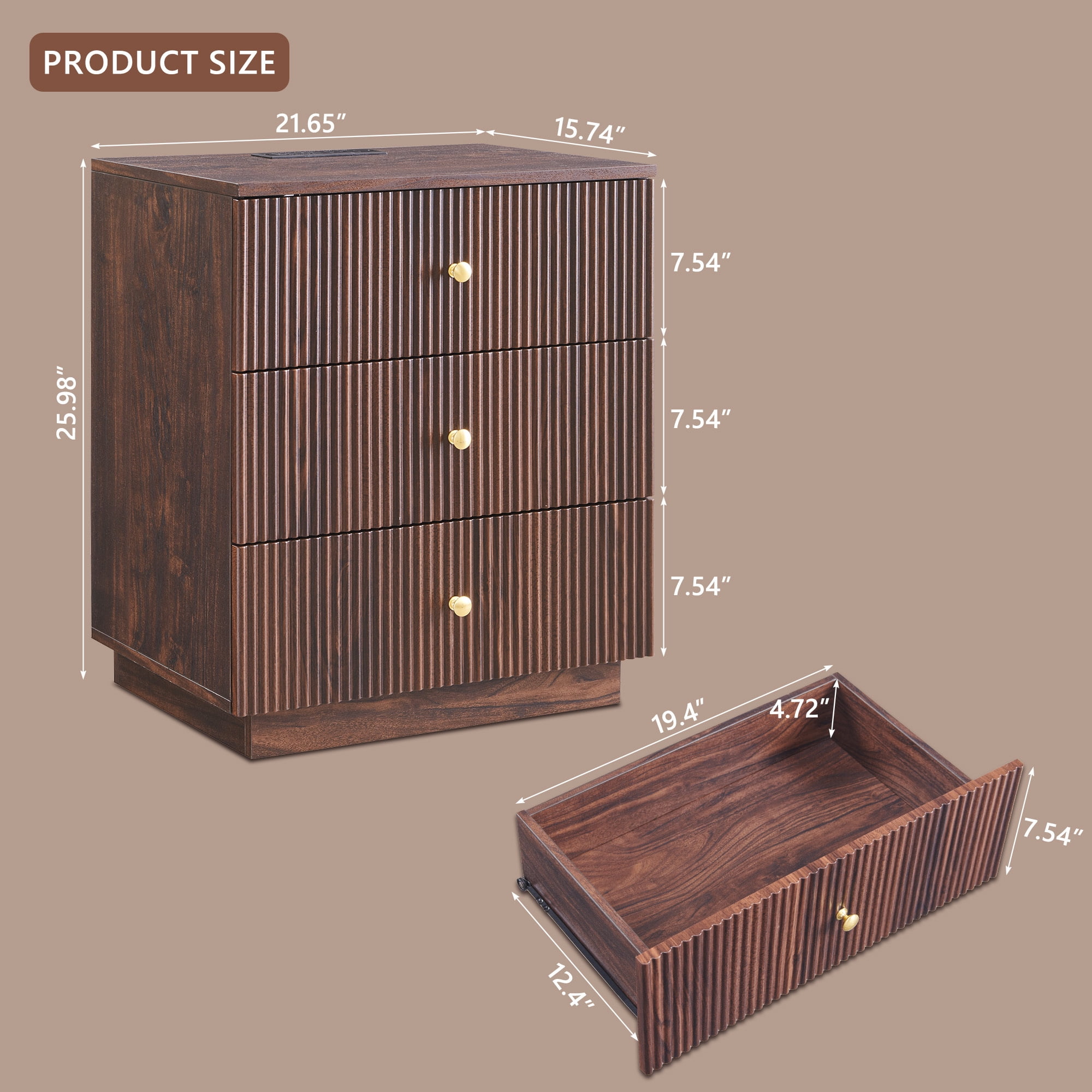 wow97e Modern Fluted Nightstand Set of 2 with Charging Station, 21.65" End Table with 3 Drawer, Bedside Table for Bedroom, Living Room