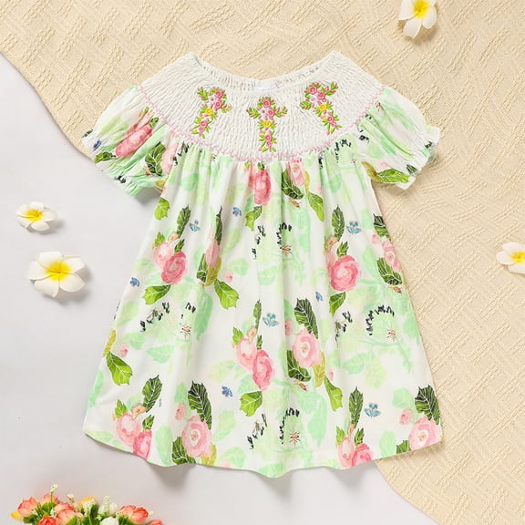 Zehjuhan Toddler Girls Easter Dress Floral Cross Embroidery Bubble Short Sleeve A-Line Pleated Full Flower Print Green,18-24M