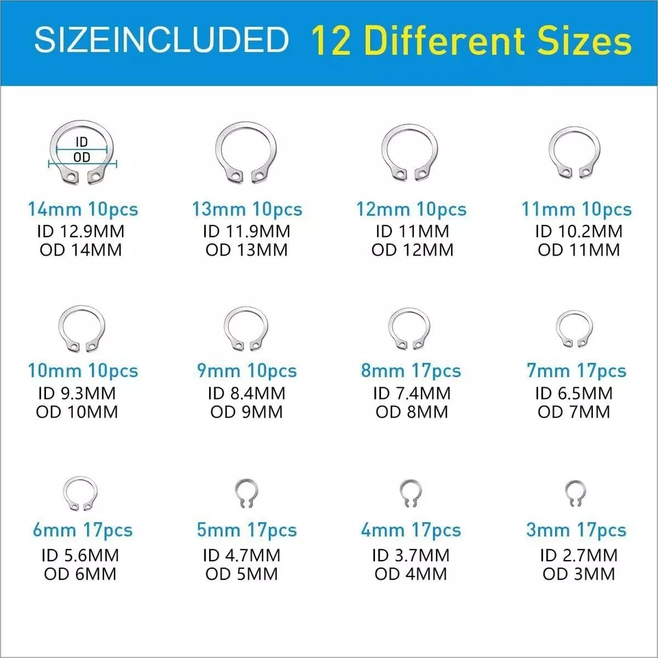 CIRCLE- 327Pcs Stainless Steel E-Clip C-Clips Circlip Kit Retaining Ring Assortment Set