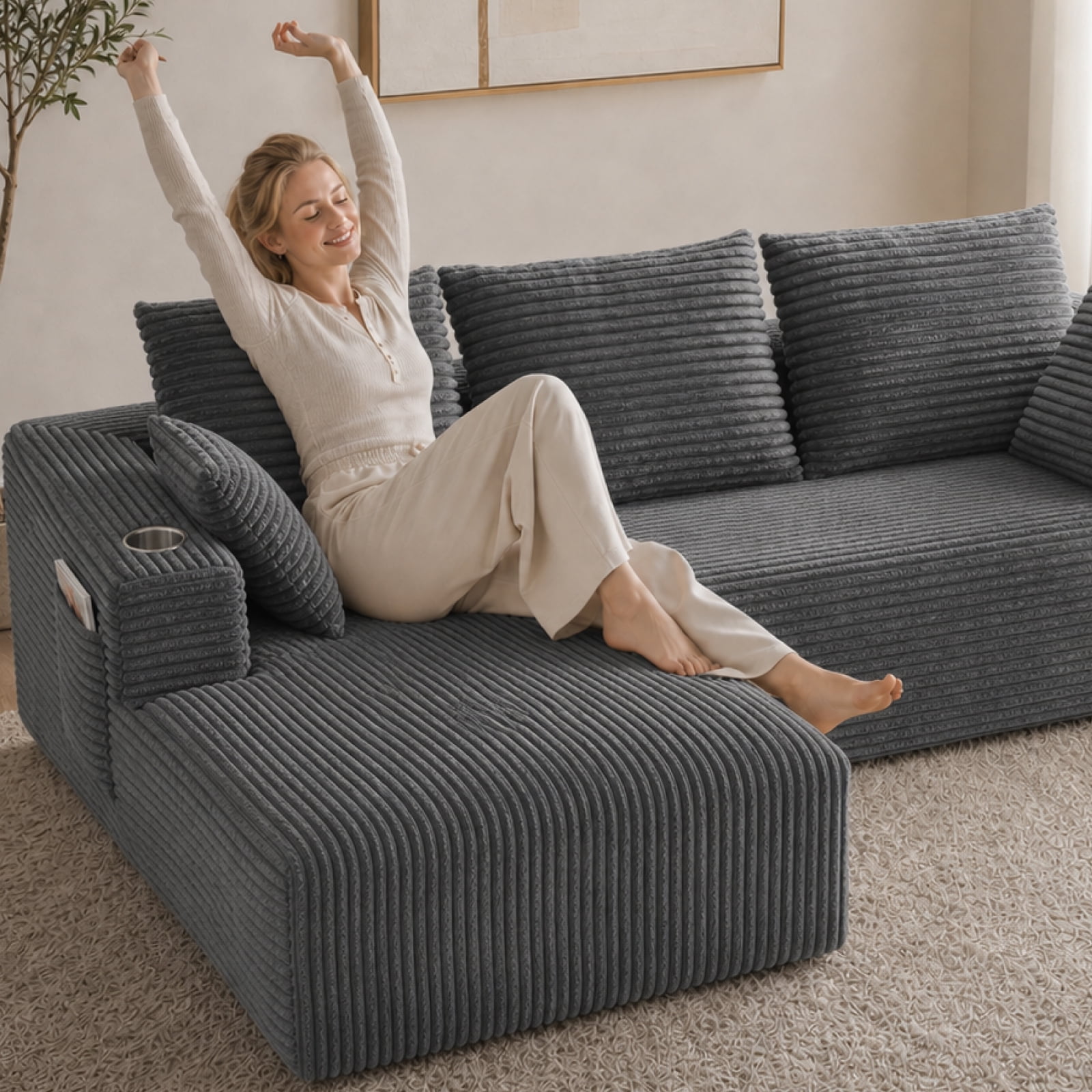 95'' Boneless L Shape Modular Sofa Couch with 4 Pillows and 2 Cup Holders