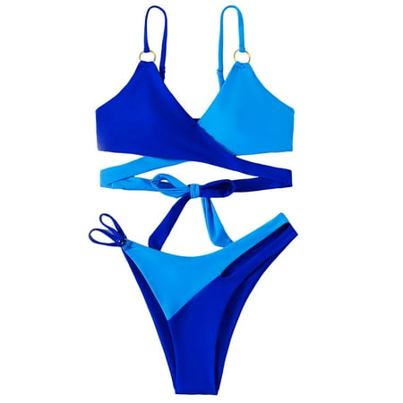 Women Swimsuits Padded Push Up Gathering Bra Color Block Bikini Set Beachwear Blue Women Bathing Suits M