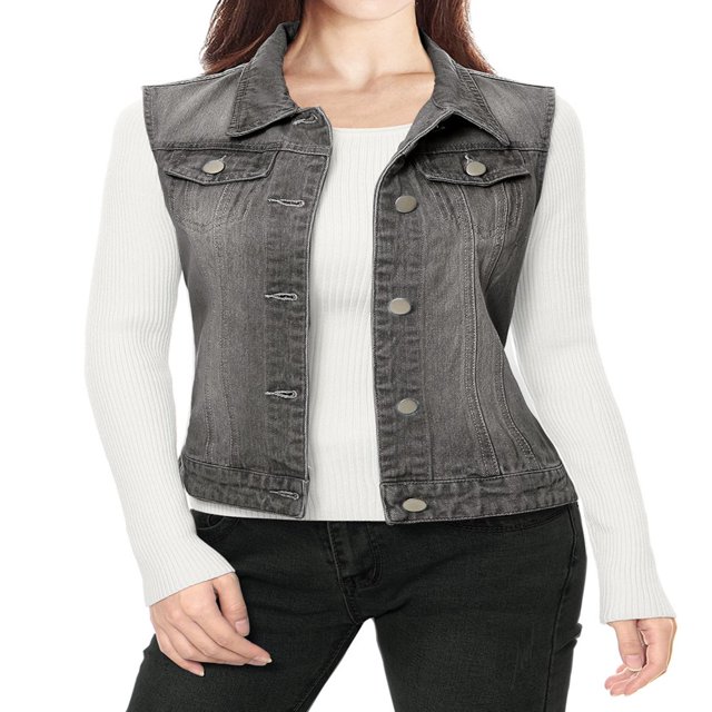 Allegra K Women‘s Washed Chest Flap Pockets Single Breasted Denim Vest Jacket