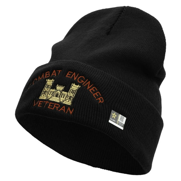 Combat Engineer Veteran Logo Embroidered 12 Inch Long Knitted Beanie - Black OSFM