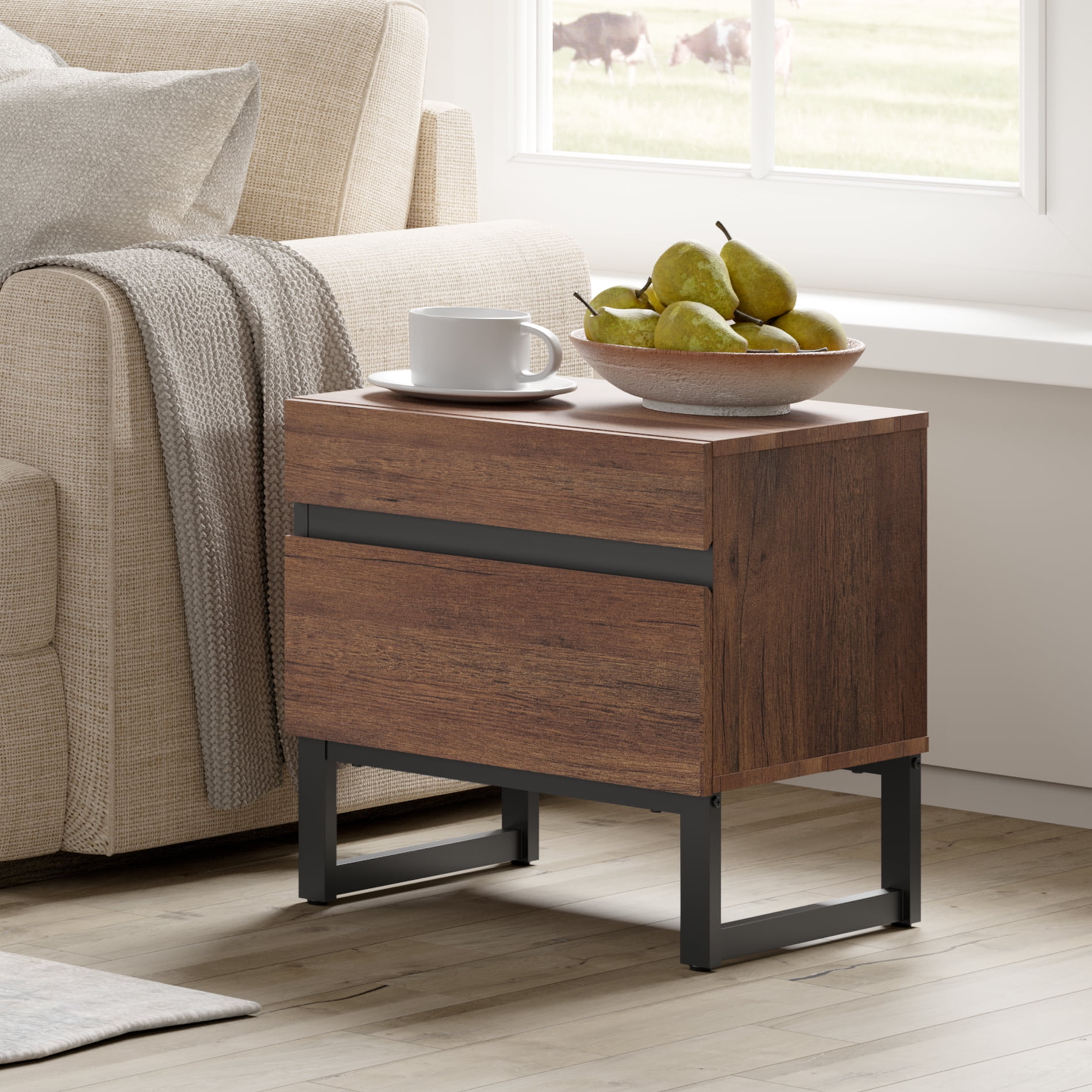 3-Piece Living Room Table Set, Modern Square Coffee Table with Tempered Glass Top, 2 End Tables with 4 Drawers & Black Iron Legs, Walnut Wood Grain，Brown
