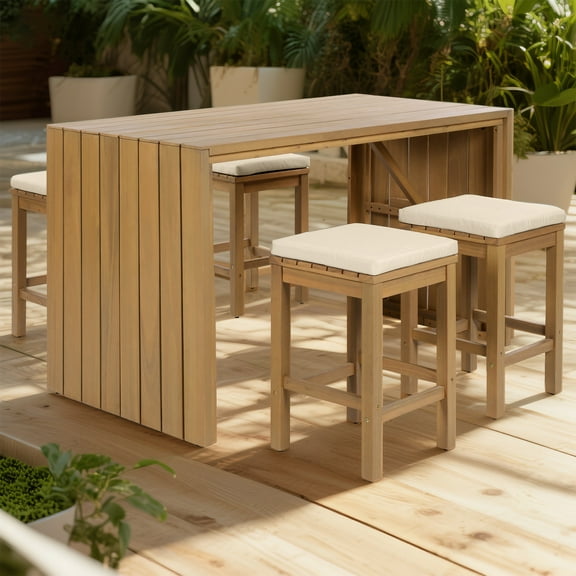 YIYADO 5-Pcs Outdoor Bar Set, Acacia Wood Table & Stools with Cushions for Patio, Poolside, Balcony