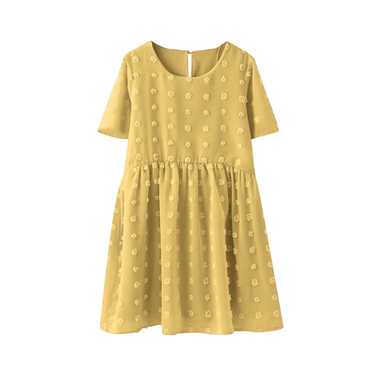 ASFGIMUJ Dresses For Girls Modest Dot Dress Short Sleeve Pleated A Line Elastic Waist Cute Dresses Princess Dresses For Girls,Size 10 Years—12 Years