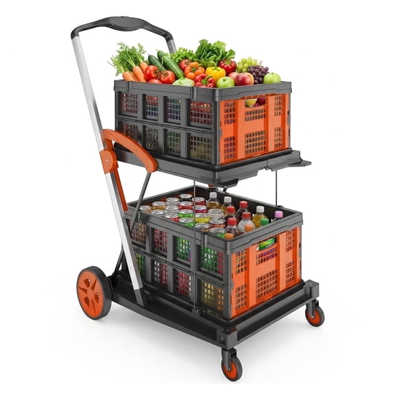 Collapsible Shopping Cart with Wheels & Storage Crate,Folding Shopping Cart on Wheel,Portable Folding Utility Cart for Groceries, Warehouse & Supermarket.(orange))