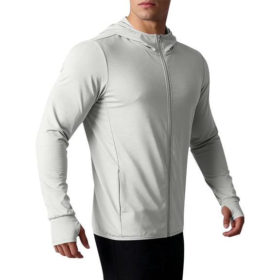LEKWK Sun Shirts for Men Long Sleeve Hooded Zip Up Fishing Jacket Lightweight Quick Dry Athletic Tops Thumb Hole Slim Fit Gym Running Wear Gray XL