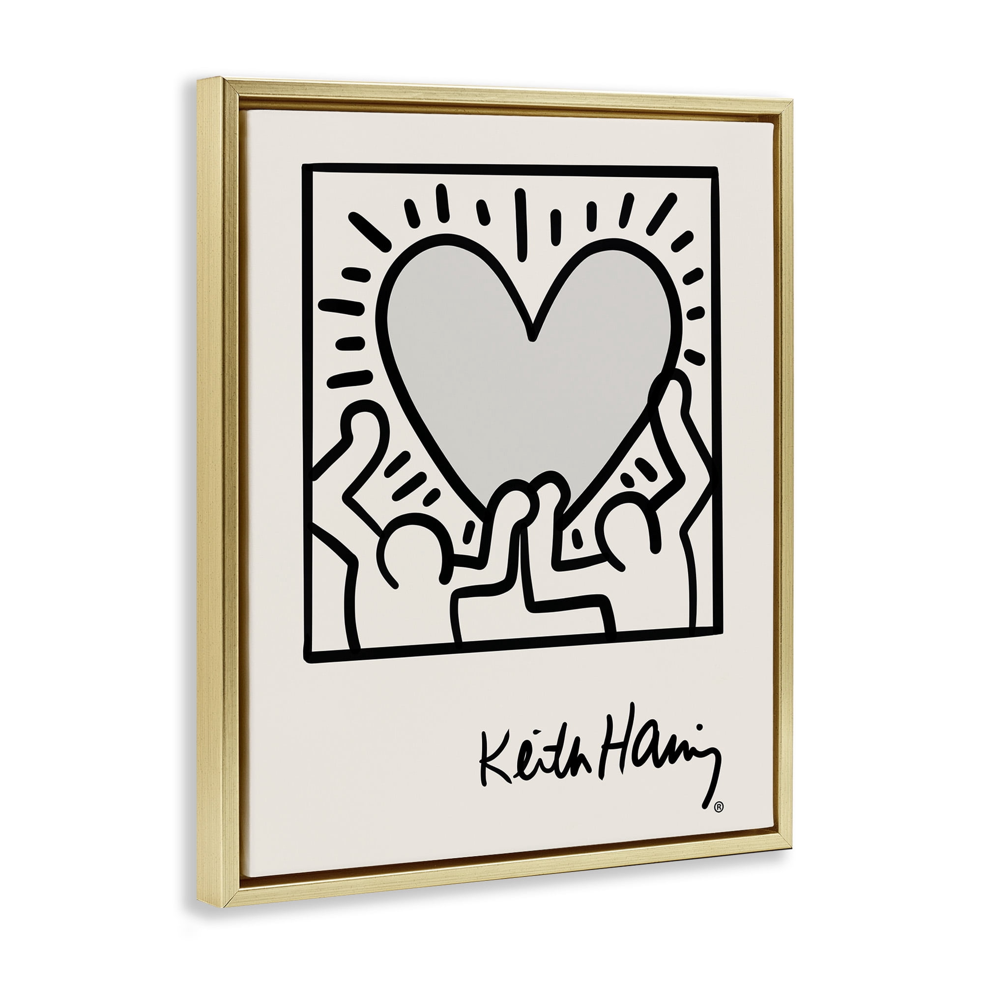 Stupell Industries Classic Heart Symbol Keith Haring Abstract Painting Gold Floater Framed Canvas Art Print Wall Art, 17 x 21