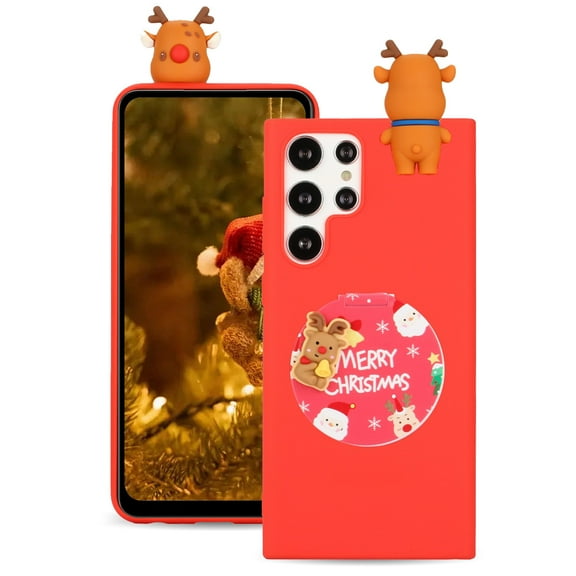 for Samsung Galaxy S22 Ultra Christmas Theme Case, Flexible TPU Case with Kickstand & Cute Mirror Christmas Deer Full Body Protective Case for Samsung S22 Ultra Ladies Girls, Deer