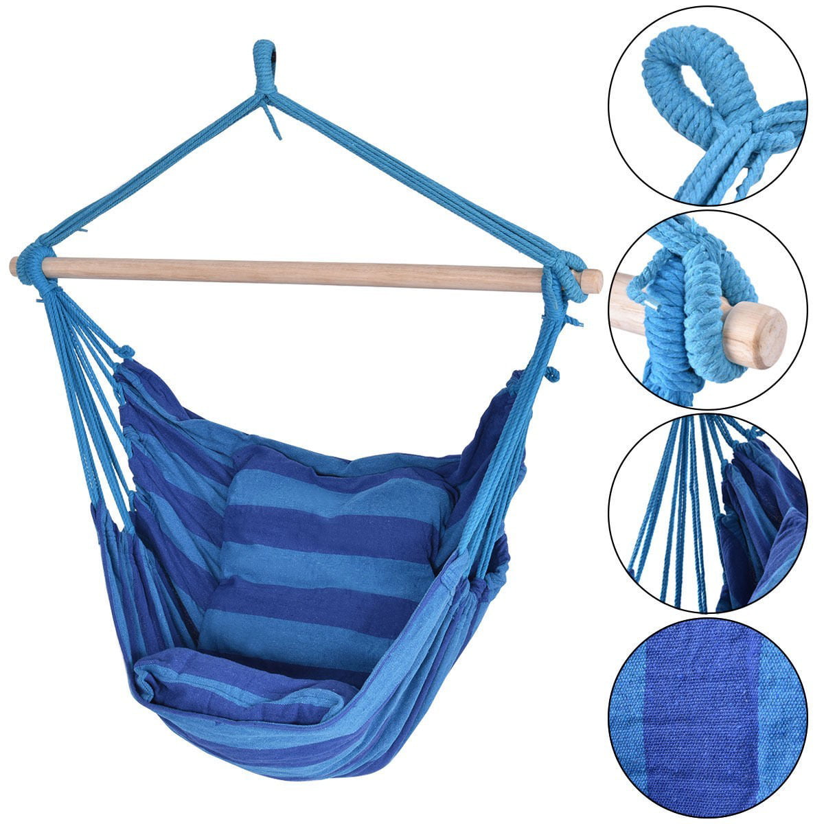 Blue Deluxe Hammock Rope Chair Patio Porch Yard Tree Hanging Air Swing Outdoor 