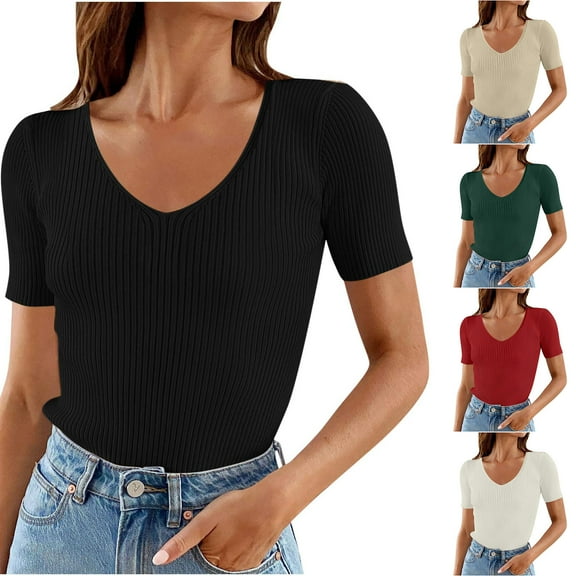 Fesfesfes Short Sleeve Top Women's Short-Sleeved V-Neck Slim-Fit T-Shirt Short-Sleeved V-Neck Top/Shirt Womens Tanks 10(XL)