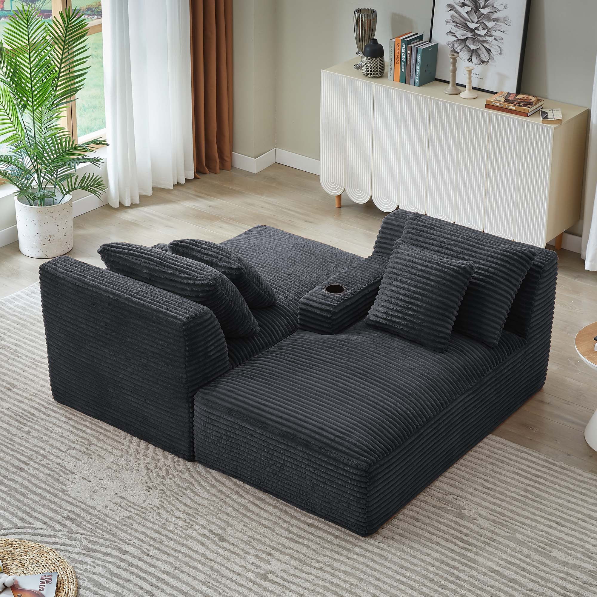 Miniyam Dark Grey Compressible Double Chaise Lounge with Cupholders - No Assembly Required, Fluffy Modern Sleeper Loveseat for Indoor Living Room Bedroom
