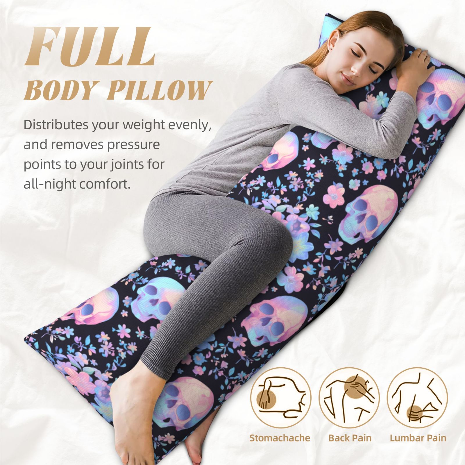 Naloa cool Skull flower Super Soft 20x60 Body Pillow Case,Long Side Hidden Zipper（PILLOWS ARE NOT INCLUDED）