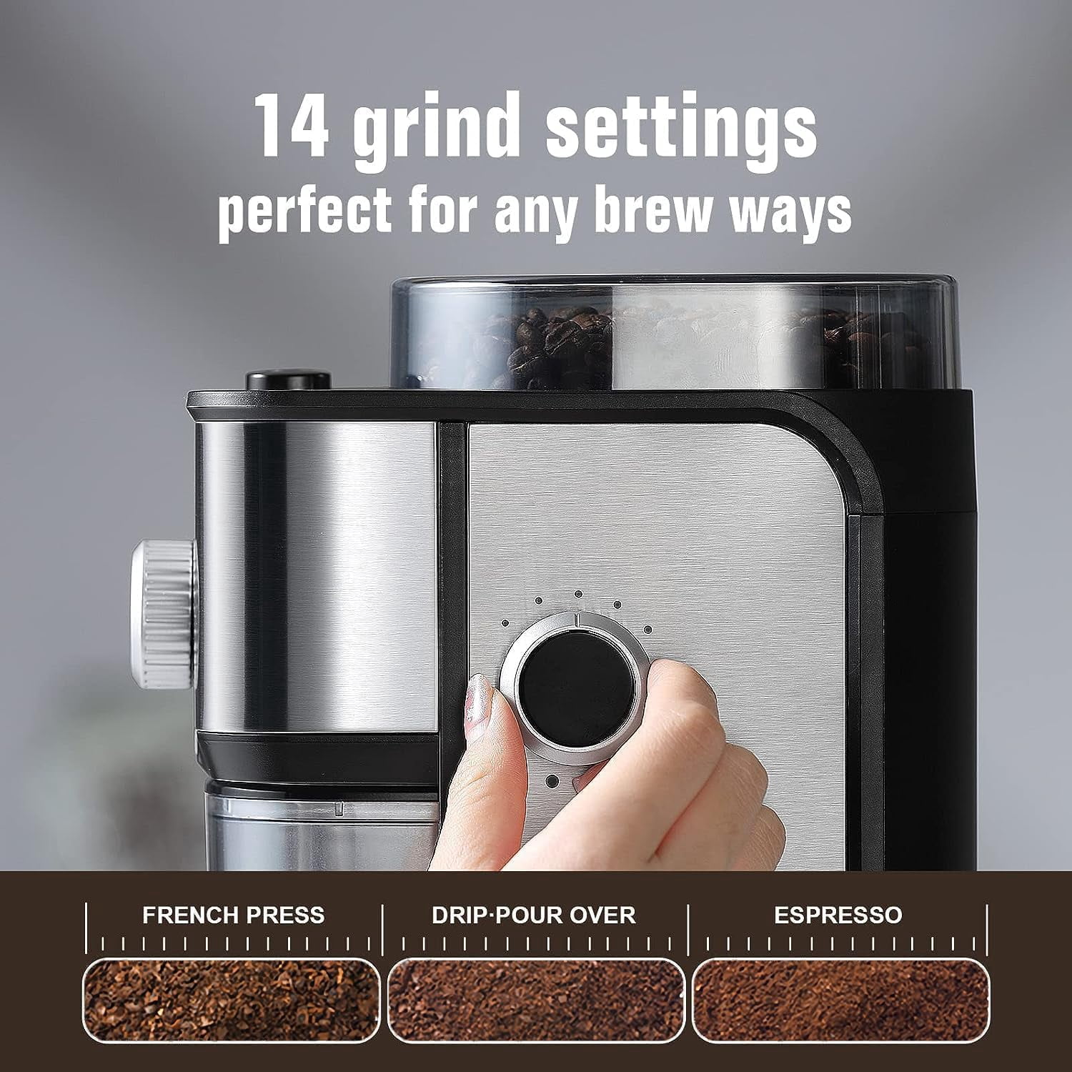 Ollygrin Flat Burr Coffee Grinder Electric, Coffee Bean Grinder With 14 Grinding Settings,Up to 12 Cups