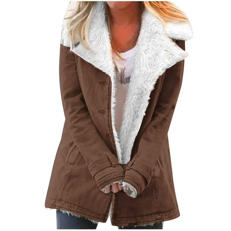 JURANMO Women Coats Clearance Sale Women 2024 Fall Winter Warm Composite Plush Lined Jackets Trendy Button Down Lapel Collar Outwears Classic Long