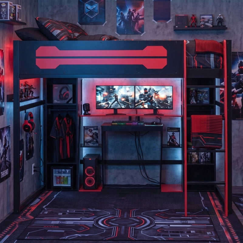 Full Size Wooden Gaming Loft Bed with Desk, RGB LED Lights, USB Charging Station, Wardrobe and Storage Cabinets, Space-Saving Loft Bed Frame with Workstation for Bedroom