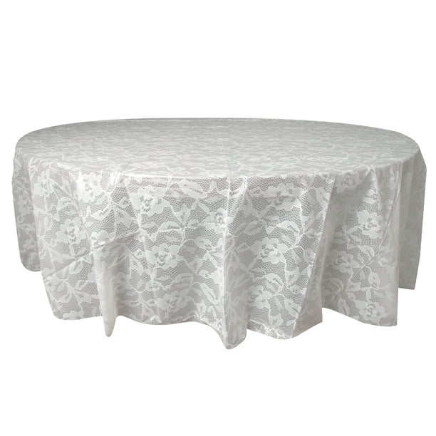 Round Plastic White Lace Print Table, White Plastic Tablecloths For Round Tables