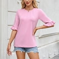 thumbnail image 4 of YHAJDS Womens T Shirts Trendy Short Sleeve Round Neck Rolled Hem Solid Color Tee Loose Casual Top, 4 of 5
