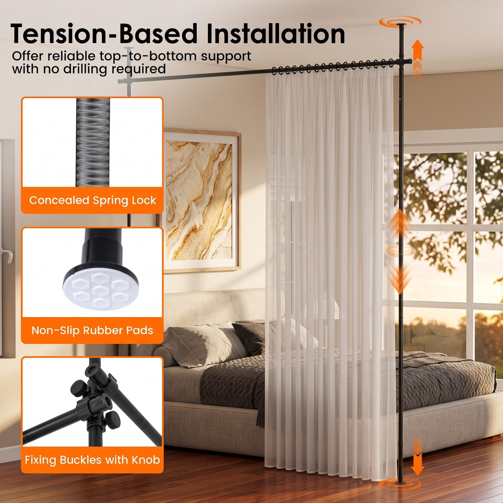 ALPULON Room Divider Curtain Rod, Adjustable Floor to Ceiling Tension Rod No Drilling Required, Expandable 28-72 Inch Width Metal Curtain Rod for Bedroom Living, Black