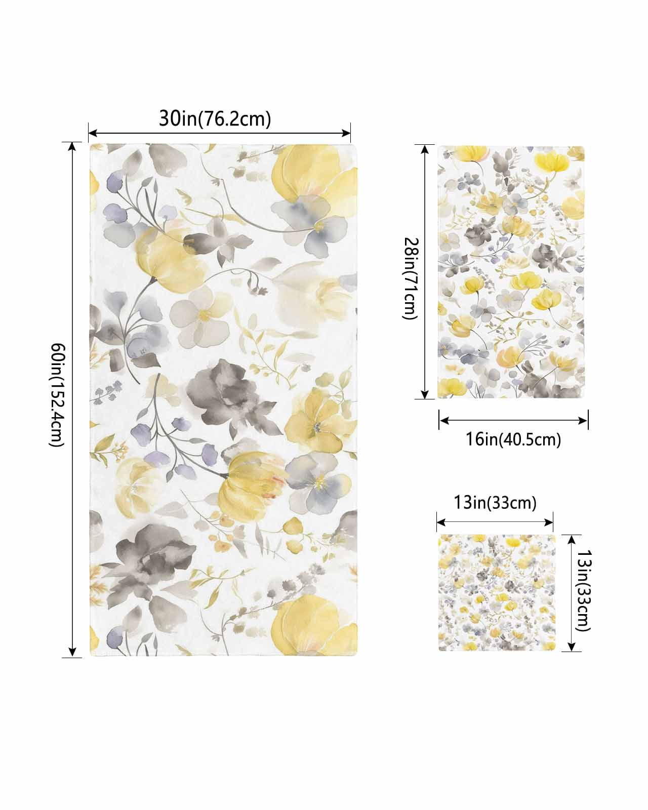 Yellow Grey Botanical Towel Set of 3, Soft Microfiber Bath Towels, Hand Towel, Washcloths, Spring Floral Watercolor Quick-Dry Absorbent Towels for Bathroom Kitchen Hotel Beach Gym Spa