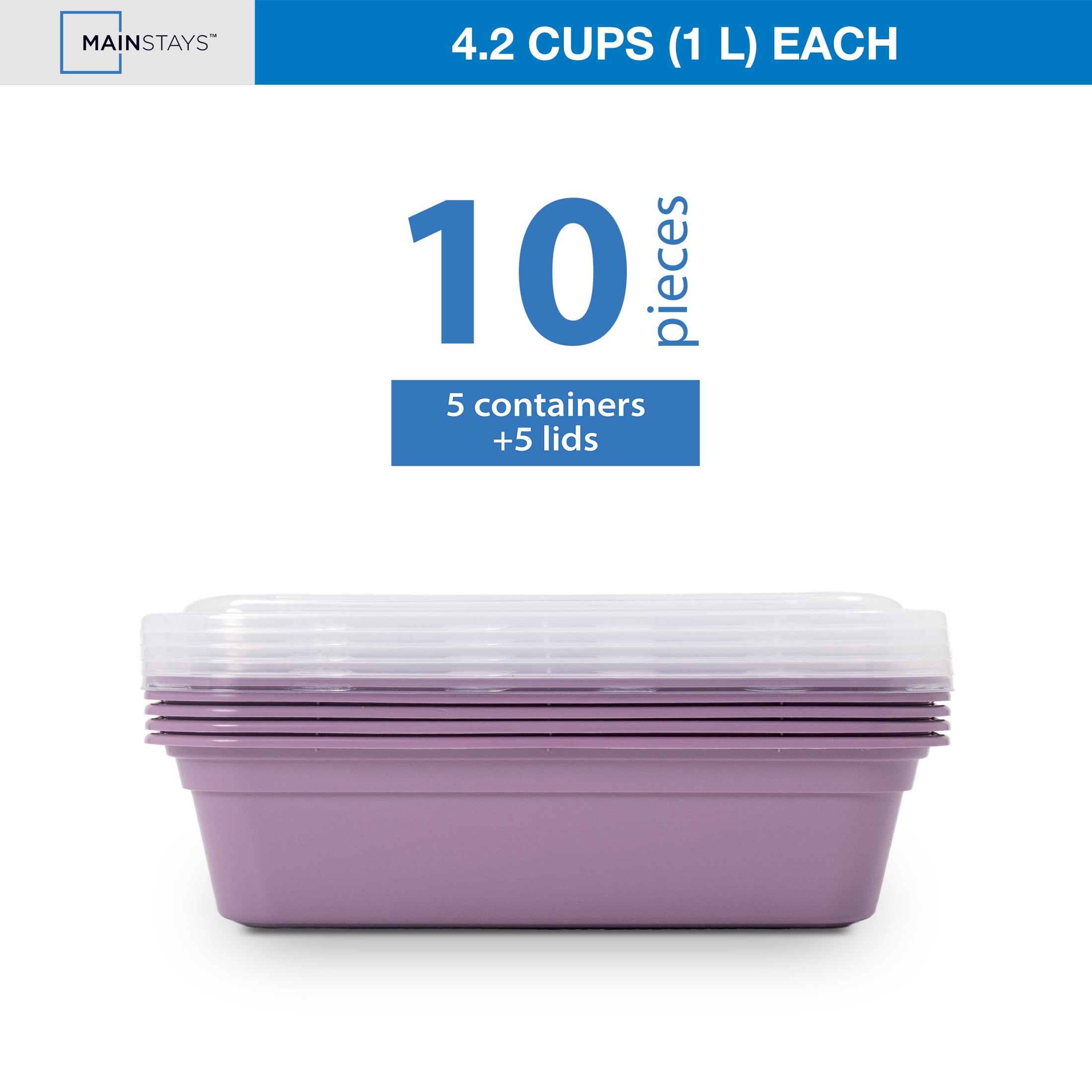 Mainstays 5-Pack 1-Compartment BPA-Free Plastic Meal Prep Food Storage Containers, 1L, Lilac Bloom