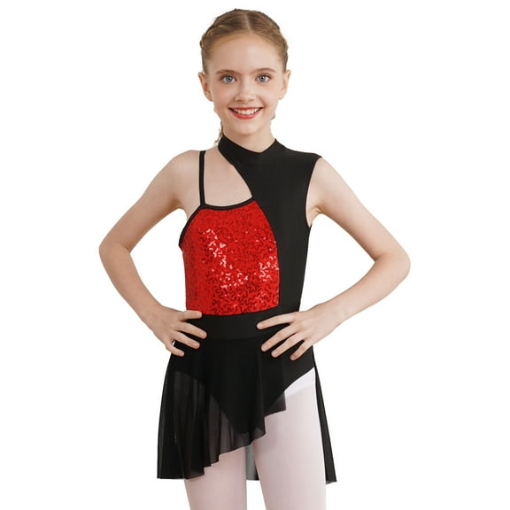 TiaoBug Girls Glitter Sequins Sleeveless Dance Dress Irregular Shoulder Straps Leotard Tulle Dresses Latin Jazz Dance Costume Red 8
