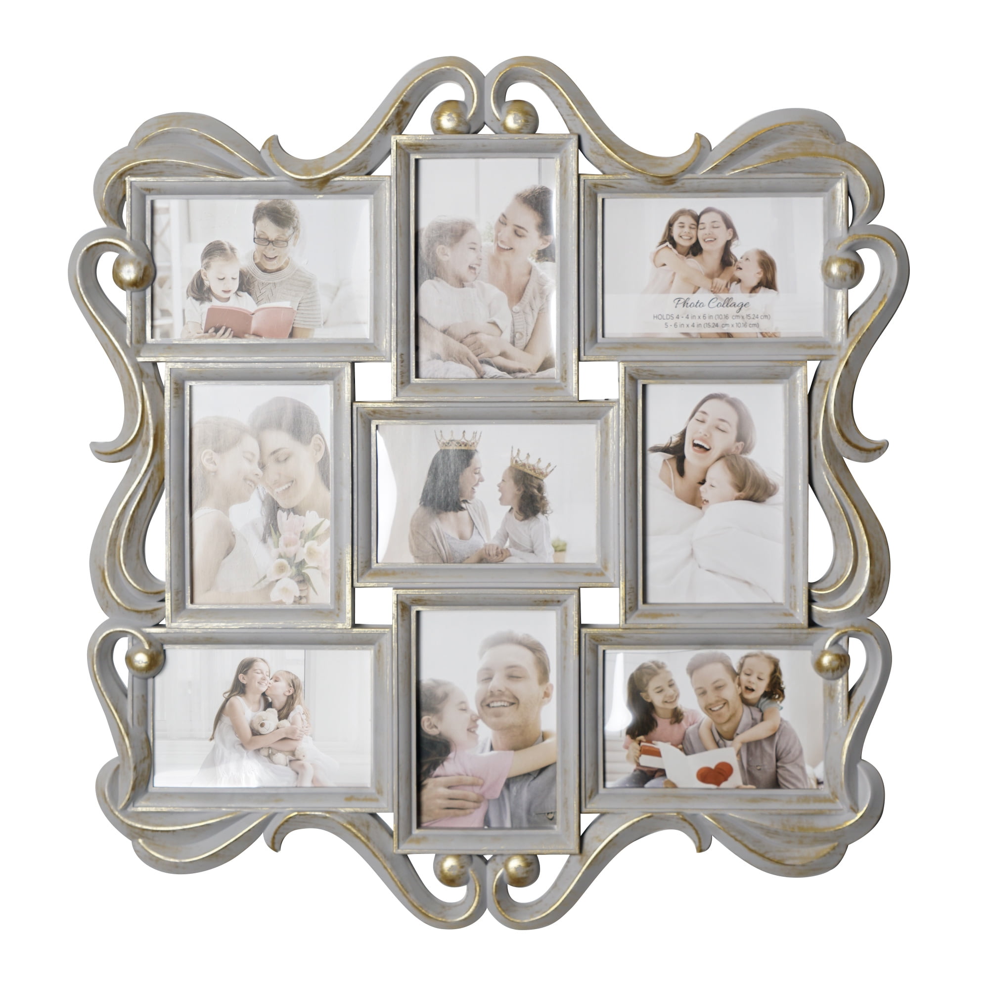 Crystal Art Gallery Distressed Gray & Gold Baroque Vintage Style Photo Collage Picture Frame - 22" x 21"