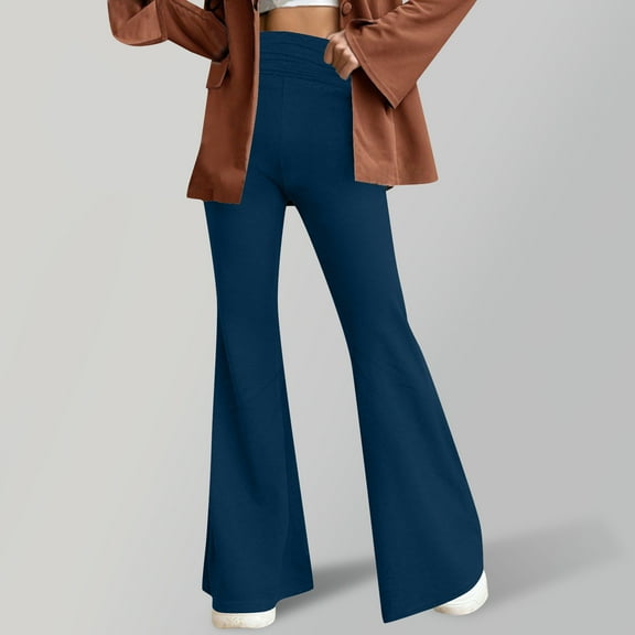 Sakmal Blue Leggings Women High Waisted Lightweight Soft Trendy Yoga Pants Solid Flare Leg Full Workout Leggings