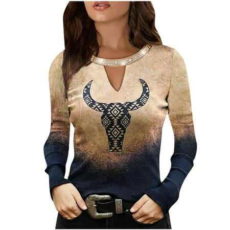 

Mrat Long Sleeve Peplum Tops for Women Round-Neck Shirts Fashion Ladies Casaul Print Long Sleeve Hollow Out Rhinestone T Shirt Tops Long Sleeve Corset Tops for Female